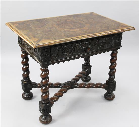 A late 17th century style carved oak and oyster veneered walnut side table, W.3ft 2in. D.2ft 2in. H.2ft 7in.